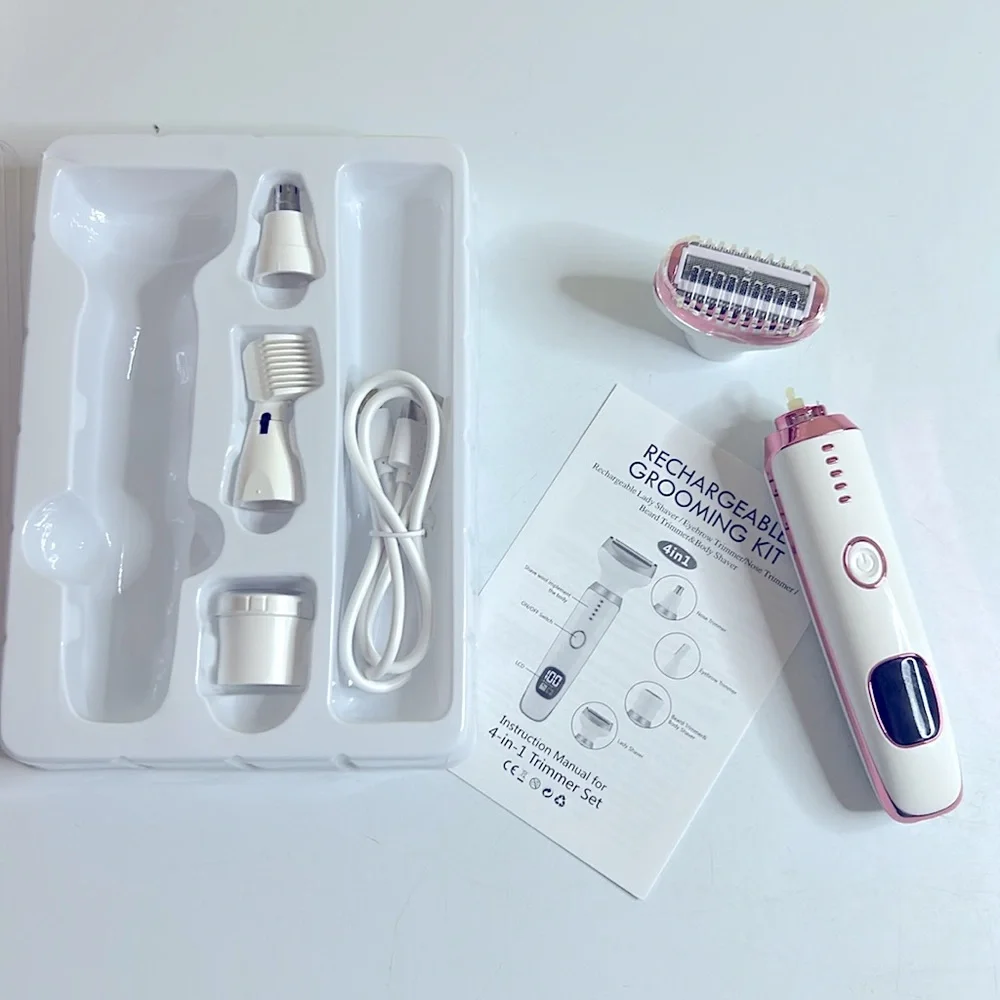 Rechargeable Wet Dry Razor With Grooming Kit Pink and White